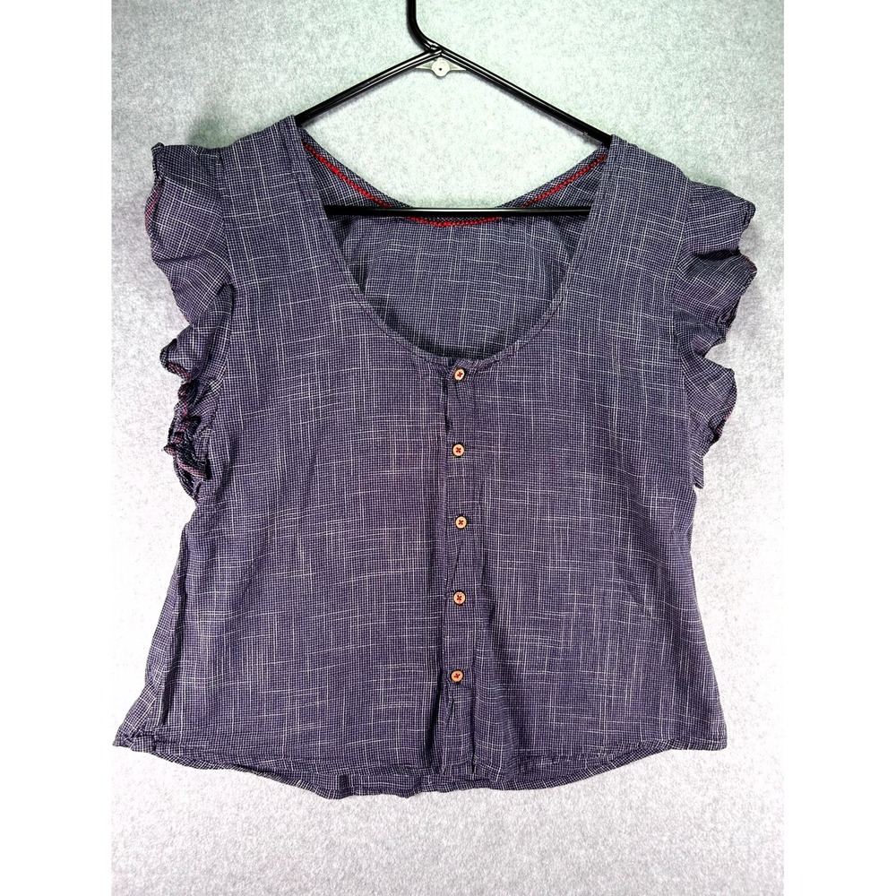 AND Blouse Top Women 16 Blue Cotton Button Front Grid Flutter Sleeve Cottagecore
